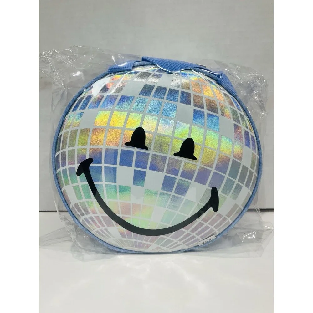 Yoobi Smiley Face Disco Ball Lunch Box Holographic Shiny Lunch Snack Tote Bag